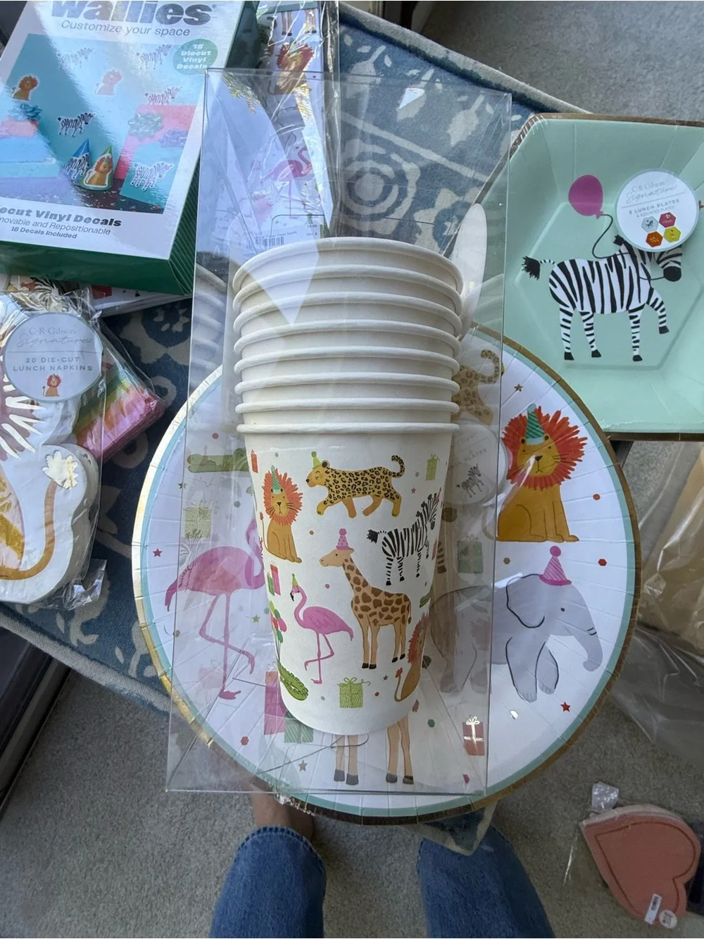 Wallis Jungle Animal Party Plates, Cups & Peel-and-Stick Decals - Green Accents